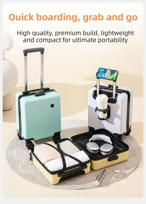 White 16 Inch Lightweight Carry-on Luggage for heights under 1.6m - Underseat & Overhead Cabin Hardside Suitcase with Cup Holder & Phone Stand