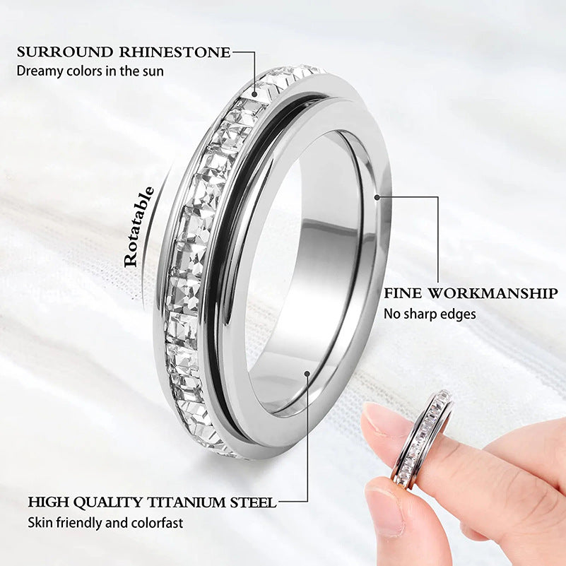 3-Piece Anxiety Spinner Meditation Bands Set - Full Zircon Inlaid Stainless Steel Rings for Stress Relief - US Size 7