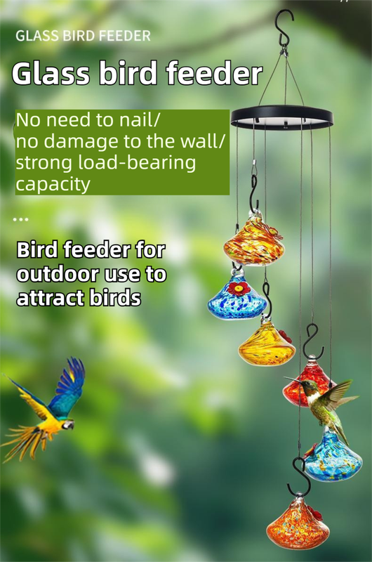 Outdoor Hand-Blown Glass Bird Feeder - Durable Weather-Proof Bird Waterer, Includes Funnel & Hanging Rope (Single - Yellow Silk)