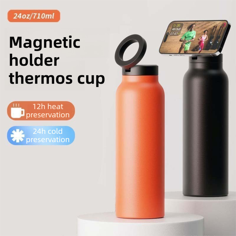 Red 24oz Stainless Steel Insulated Water Bottle With 90° Adjustable Vertical/Horizontal Magnetic Phone Holder - Ringo Style Magnetic Lid Sport Flask