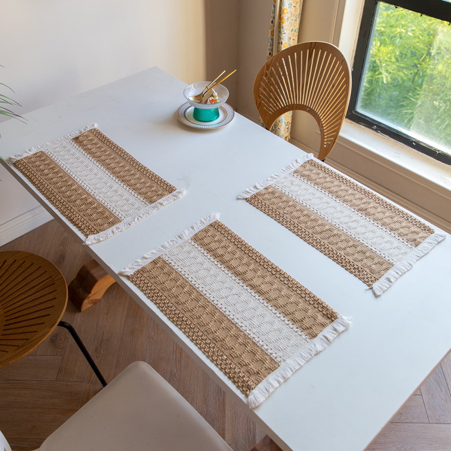 White-Green Bohemian Woven Dining Mat with Tassels(30X50CM) - Wrinkle-Resistant Striped Placemat for Wedding, Holiday & Outdoor Party