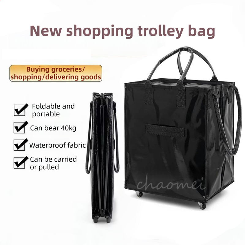 Blue Portable Folding Shopping Trolley Bag(50x40x30CM) - Durable Woven Fabric, Reusable Grocery Bag with Wheels for Effortless Travel