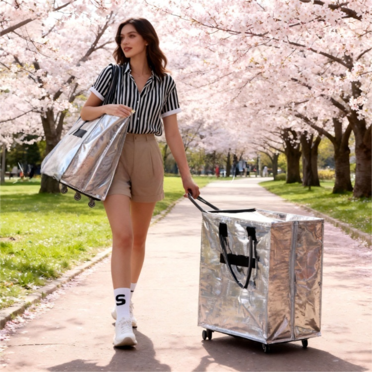 Red Portable Folding Shopping Trolley Bag(50x40x30CM) - Durable Woven Fabric, Reusable Grocery Bag with Wheels for Effortless Travel