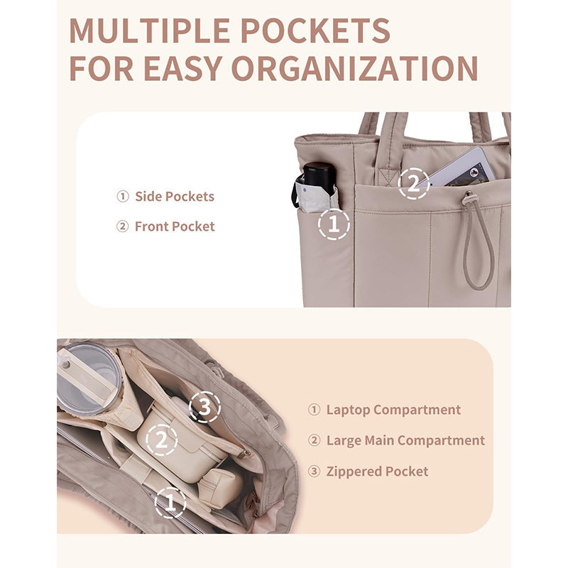 Khaki Quilted Puffer Nylon Tote/Laptop Bag for Women with Internal Cup Holder and Front & Side Pockets - Multi-Pocket Travel Handbag 15.7 x 12.2 x6.3"