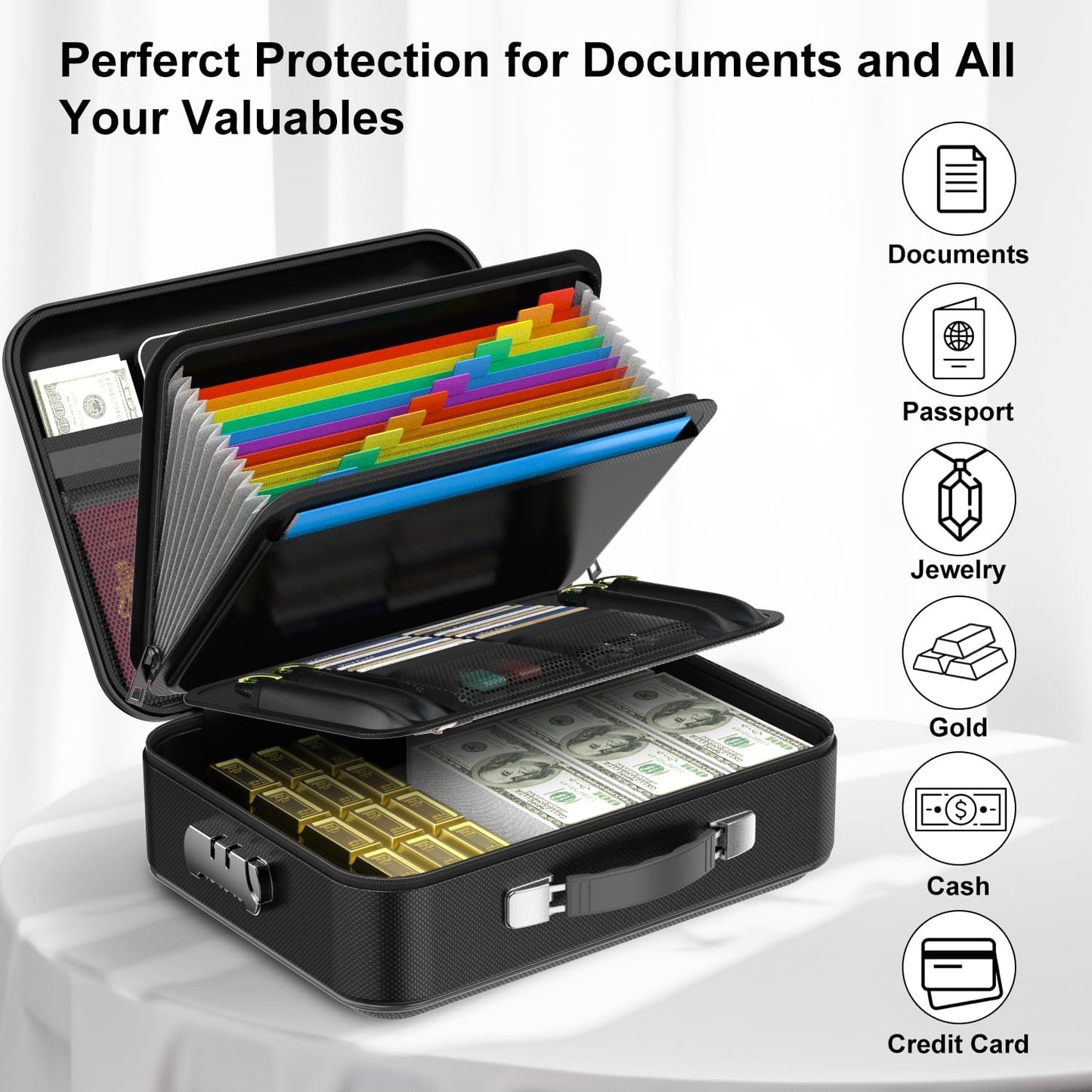 3-Layer Fireproof & Waterproof File Organizer Box(38x28x13CM) with Security Lock - EVA Muti-Functional Safety Briefcase for Certificates, Passports & Valuables