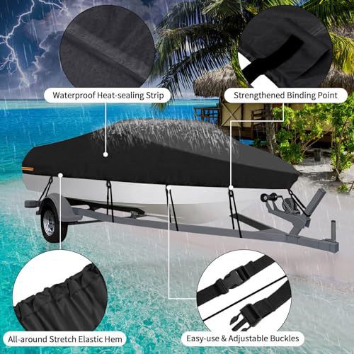 Black Heavy-Duty V-Hull Shield for 14 to 16 FT Yachts - All-Weather Water / Dust / UV Resistant 190T Silver Coated  Marine Protector