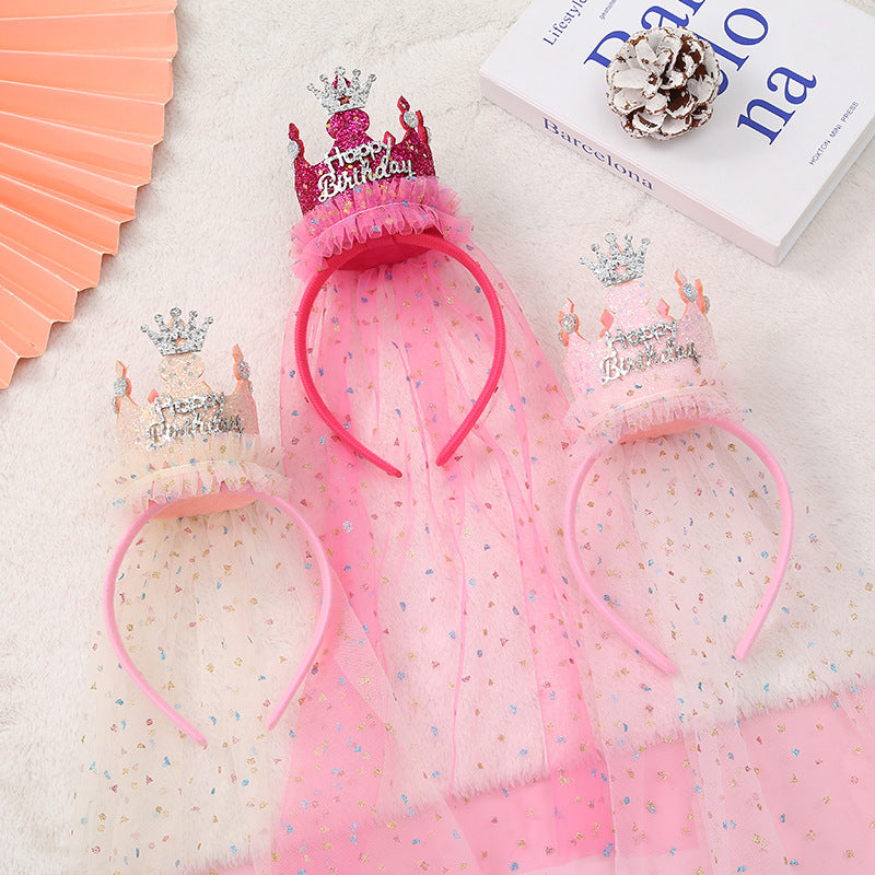 Beige with a pink hairband 2-Pack Tulle Crown Headbands with "Happy Birthday" Sparkle Design for Kids – Princess Party Hair Accessories
