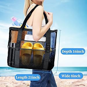 2-PCS White Mesh Beach Tote Bag – Large Capacity Swim Gear Organizer with Multiple Pockets for Shoes, Swimsuits, and Essentials