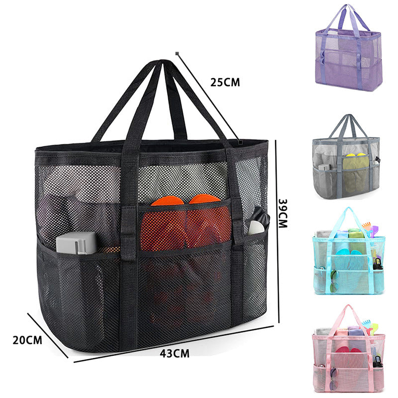 2-PCS Beige Mesh Beach Tote Bag – Large Capacity Swim Gear Organizer with Multiple Pockets for Shoes, Swimsuits, and Essentials
