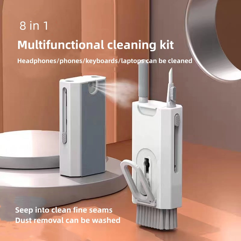 Grey Q8 8-in-1 Multi-Function Cleaning Kit – Compact Keyboard, Phone, and Earphone Cleaner with Built-In Tools (No Cleaning Liquid Included)