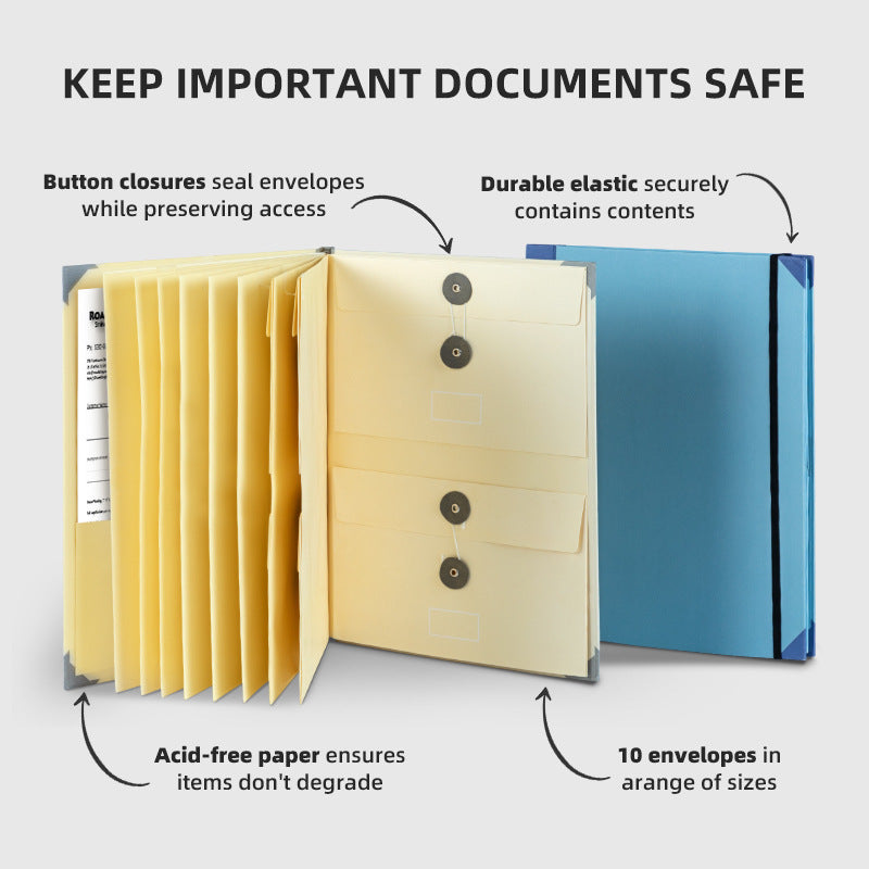Blue Important Document Organizer Folder with 10 Manila Envelopes and Acid-Free Paper for Home Office Estate Planning and Aussie Travel