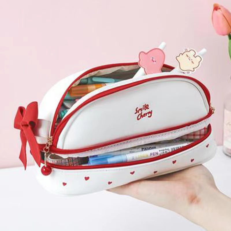Red Large Capacity Double Layer Pencil Case Waterproof PU Leather Stationery Organizer for Australian Students and Office Use High Capacity Makeup Bag