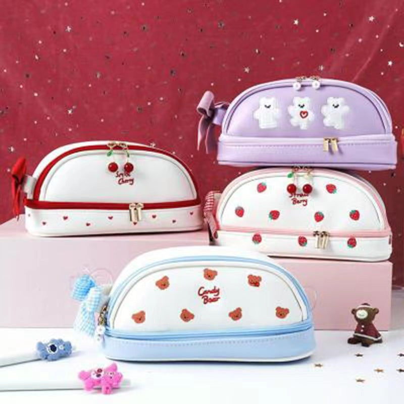 Purple Large Capacity Double Layer Pencil Case Waterproof PU Leather Stationery Organizer for Australian Students and Office Use High Capacity Makeup Bag
