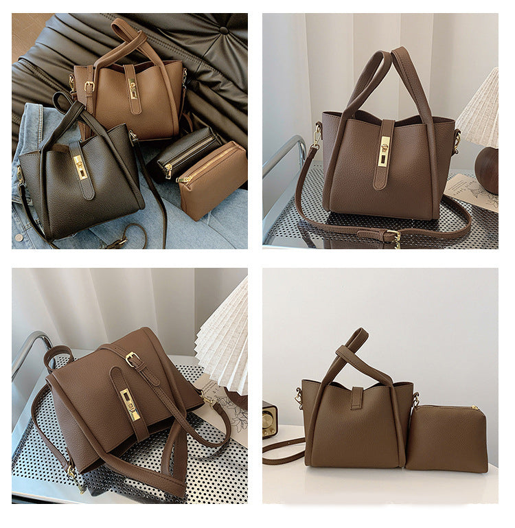 Elephant Grey Retro 2-Piece Women's Bucket Bag Set with Removable Inner Pouch PU Leather Crossbody Handbag and Fashionable Tote for Australian Everyday Use