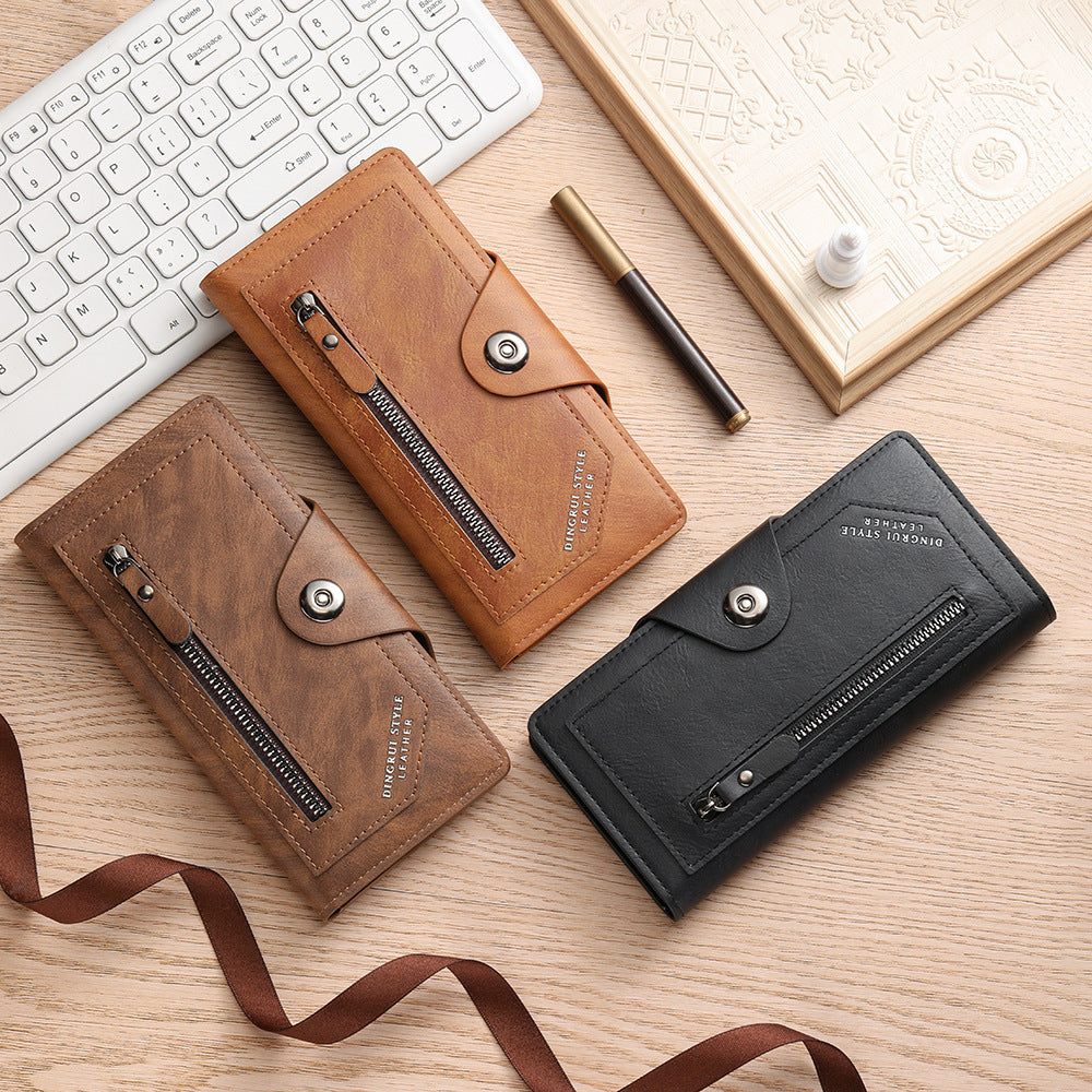 Black Vintage Men's Long Wallet Slim PU Leather Clutch with Multi Card Slots and External Zipper Pocket, Large Capacity Fashion Purse for Daily Use