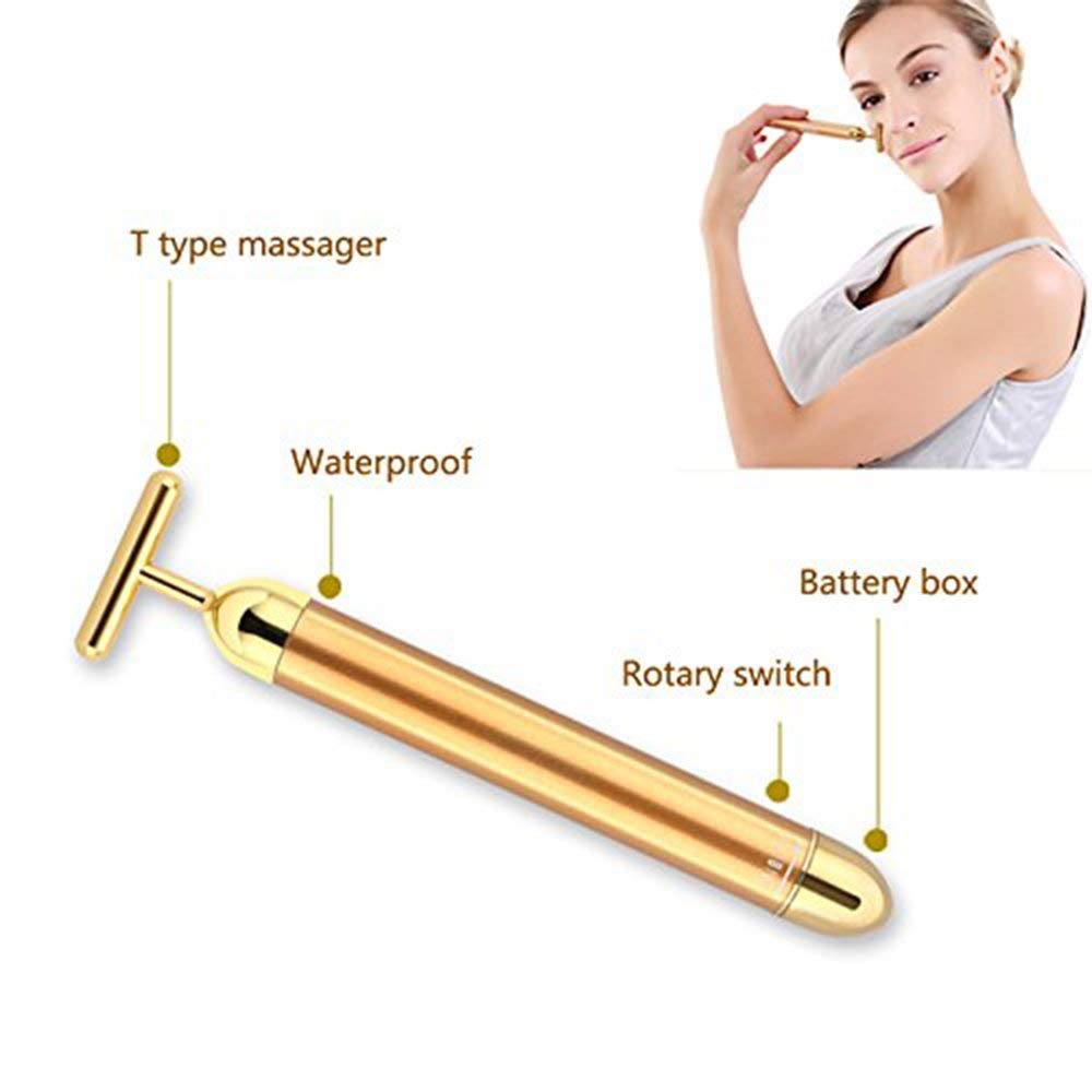 Gold Electric T-Shape Facial Massage Bar Waterproof Gold Tone Beauty Roller for Daily Skincare and High Frequency Vibration