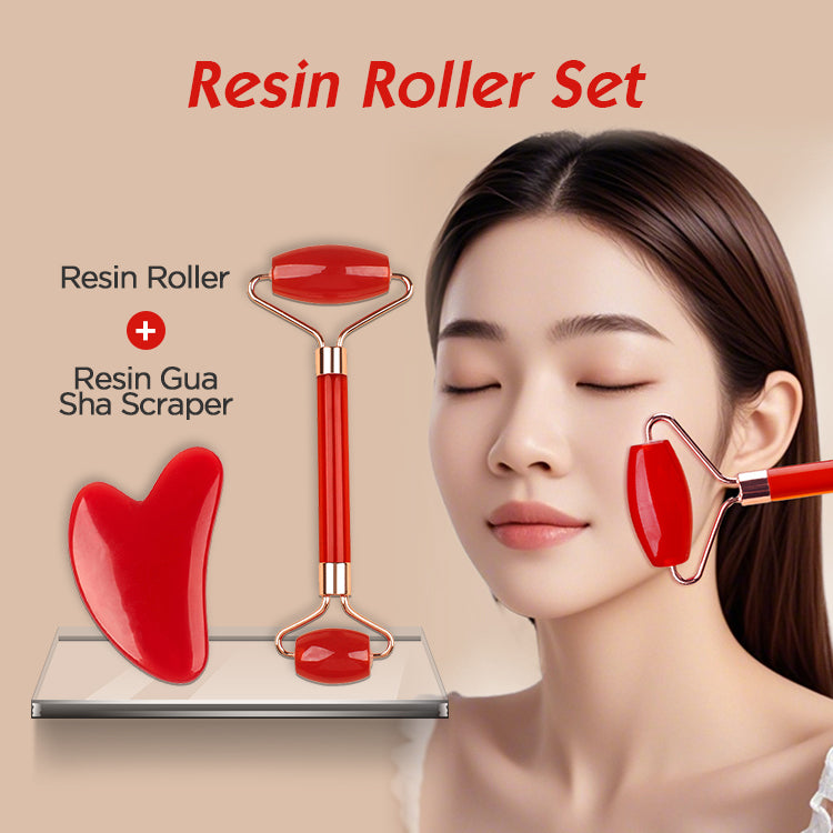 Double pink Dual-Head Resin Facial Roller and Heart-Shaped Gua Sha Set for Home SPA Skincare and Face Neck Massage