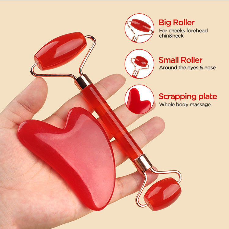 Double pink Dual-Head Resin Facial Roller and Heart-Shaped Gua Sha Set for Home SPA Skincare and Face Neck Massage