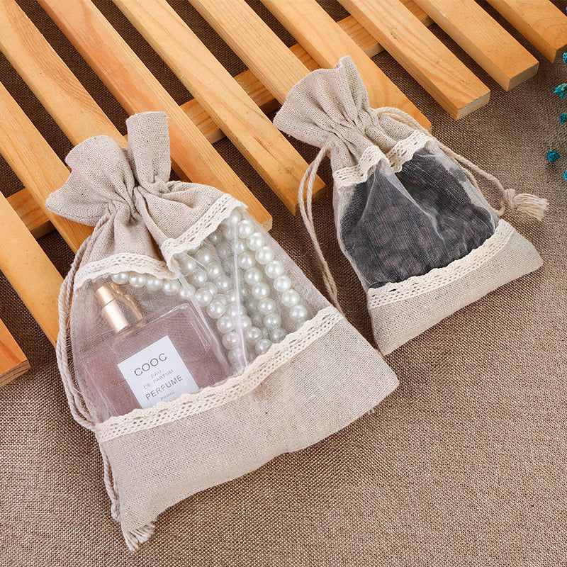 Brownish-gray 10 Pack Linen Canvas Drawstring Gift Bags with Lace Trim and Mesh Window 13x18cm Versatile Pouches for Wedding Favours and Home Storage in Australia