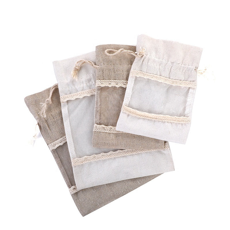 Brownish-gray 10 Pack Linen Canvas Drawstring Gift Bags with Lace Trim and Mesh Window 13x18cm Versatile Pouches for Wedding Favours and Home Storage in Australia