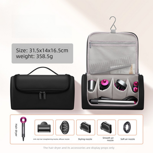 Black Portable Hair Dryer and Curler Storage Bag Waterproof PU Leather Travel Case with Hanging Hook for Local Professionals and Modern Lifestyles
