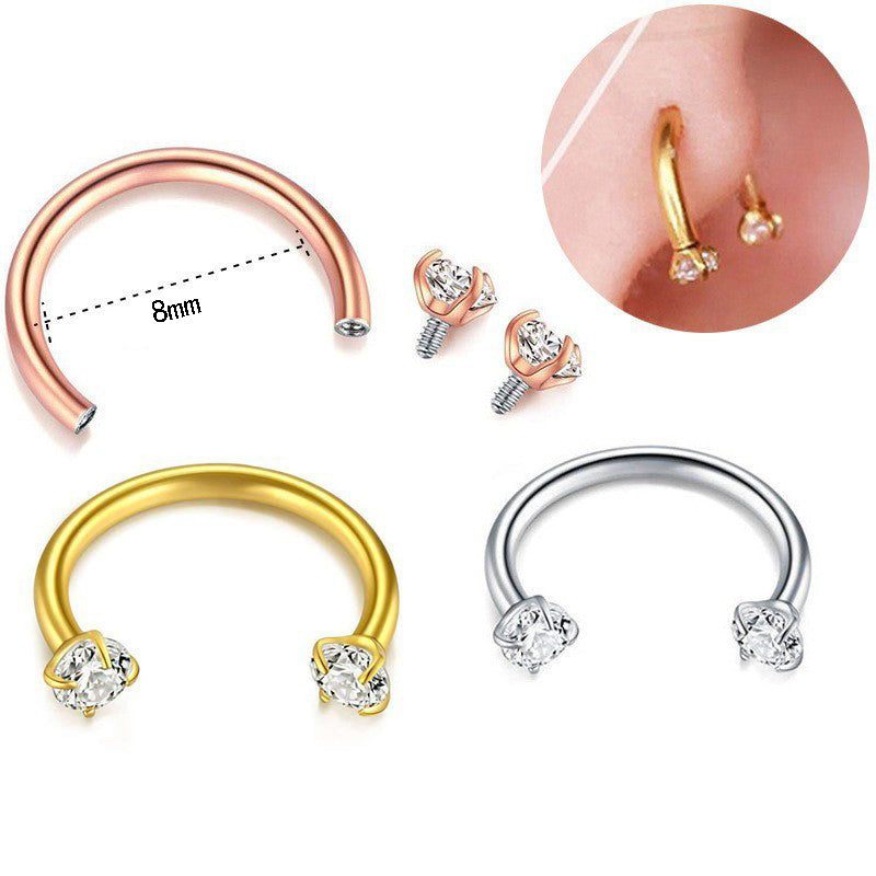 2-PCS Colour G23 Titanium Horseshoe Ring with 5A Zircon Internal Thread for Nose Ear Lip Septum Piercing Hypoallergenic Jewelry for Local Trendsetters