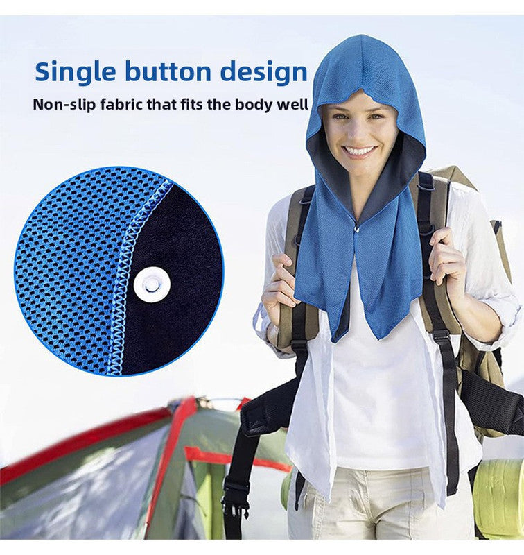 Light blue Instant Cooling Hooded Towel U-Shaped Sun Protection Quick Dry Scarf with Carabiner Pouch for Local Outdoor Sports and Gym Workouts