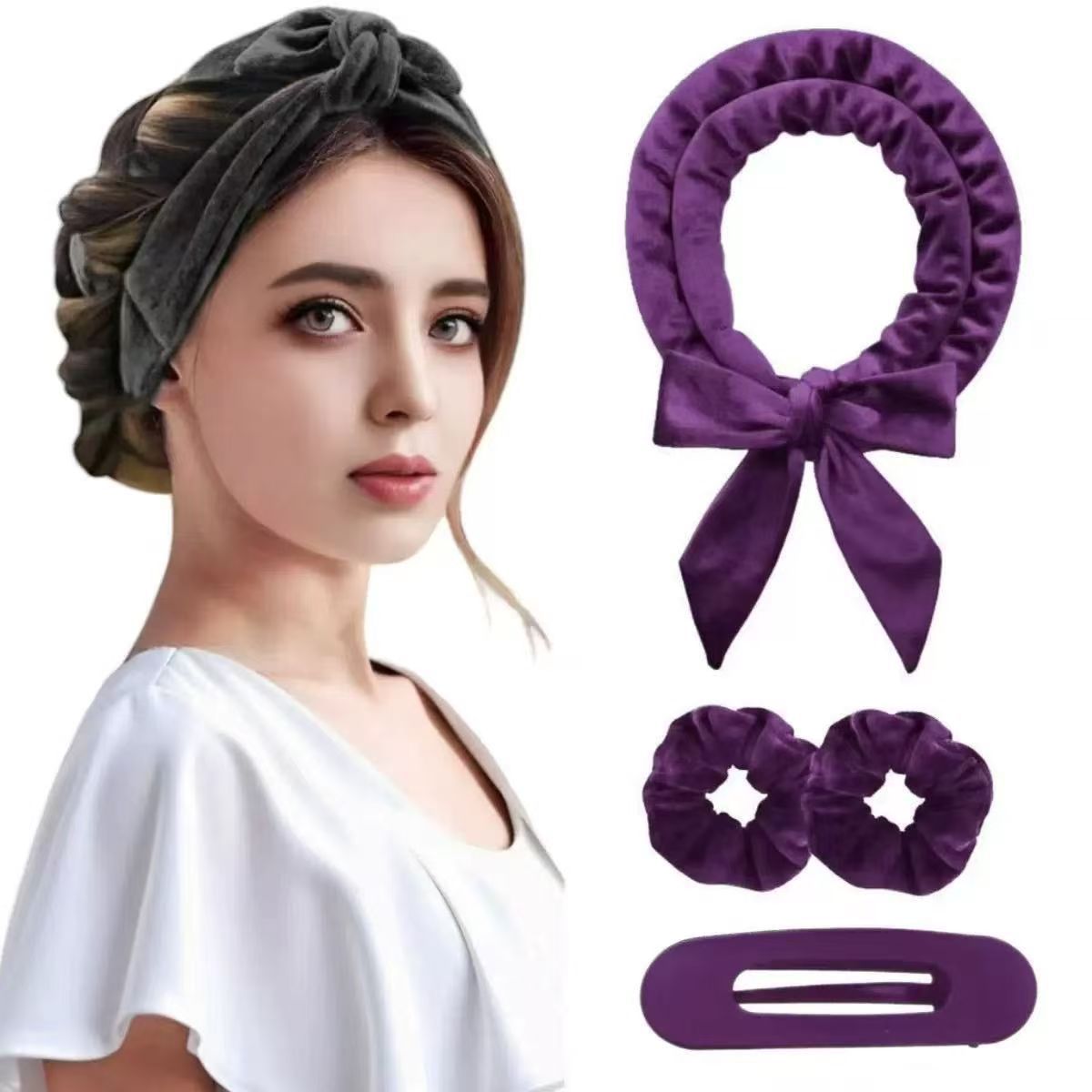 Black Heatless Hair Curler Set with Bowtie Ribbon for Natural Big Waves Damage-Free Overnight Hair Styling Essential for Your Local Modern Lifestyle