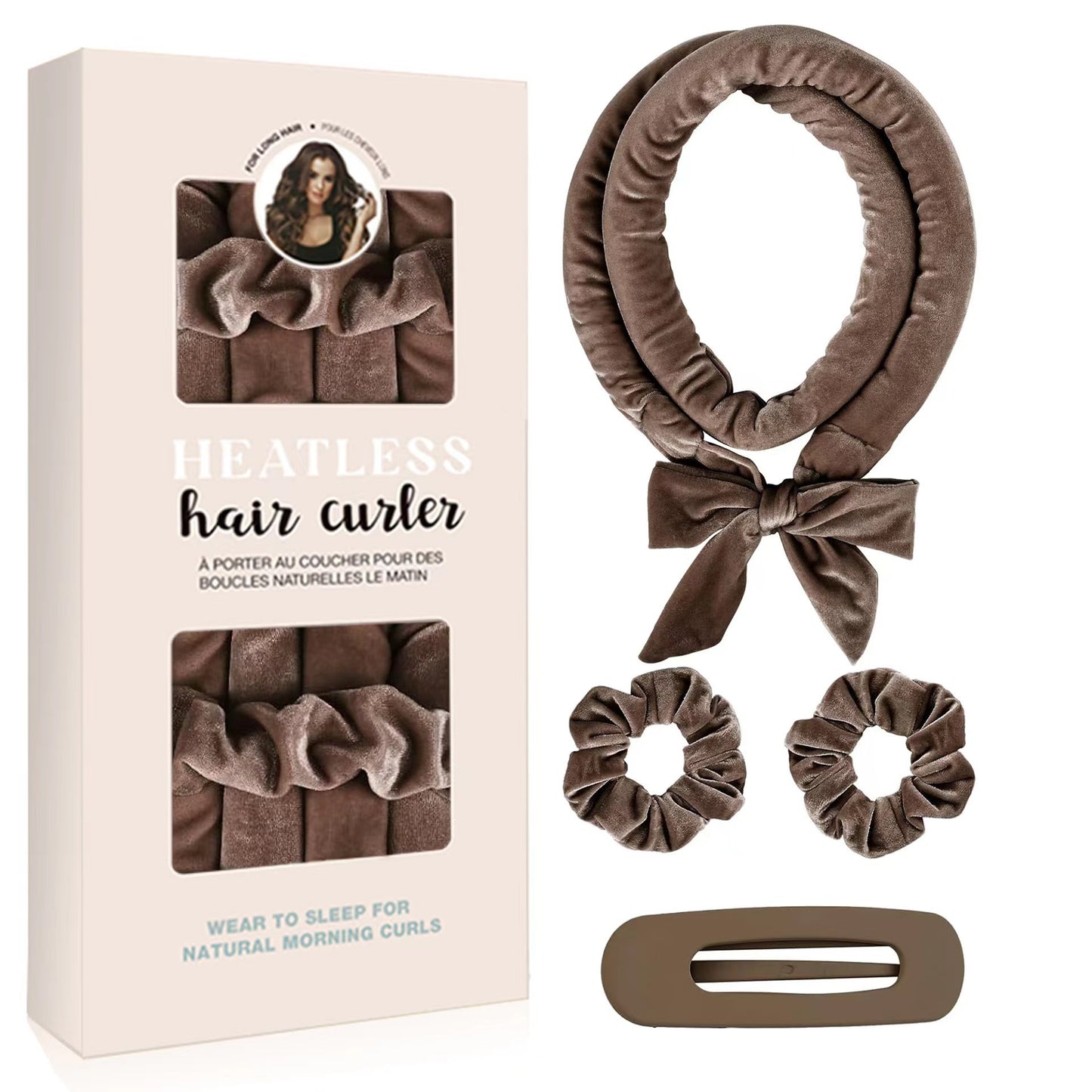 Coffee brown Heatless Hair Curler Set with Bowtie Ribbon for Natural Big Waves Damage-Free Overnight Hair Styling Essential for Your Local Modern Lifestyle