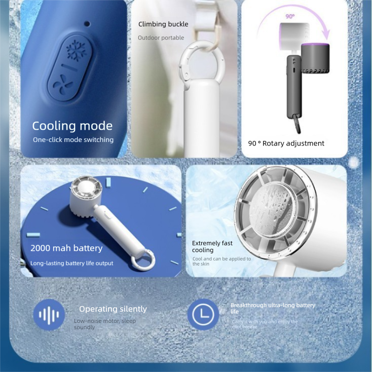 White Portable Ice Cooling Handheld Fan USB Rechargeable 2000mAh Silent Battery Fan for Office and Outdoor Use Personal Cooling Solution for Local Professionals