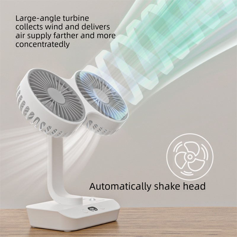 Dual-head Desktop Fan 4000mAh Rechargeable with 4 Speeds LED Display and Night Light Portable Silent Cooling Solution for Home Office and Local Travel