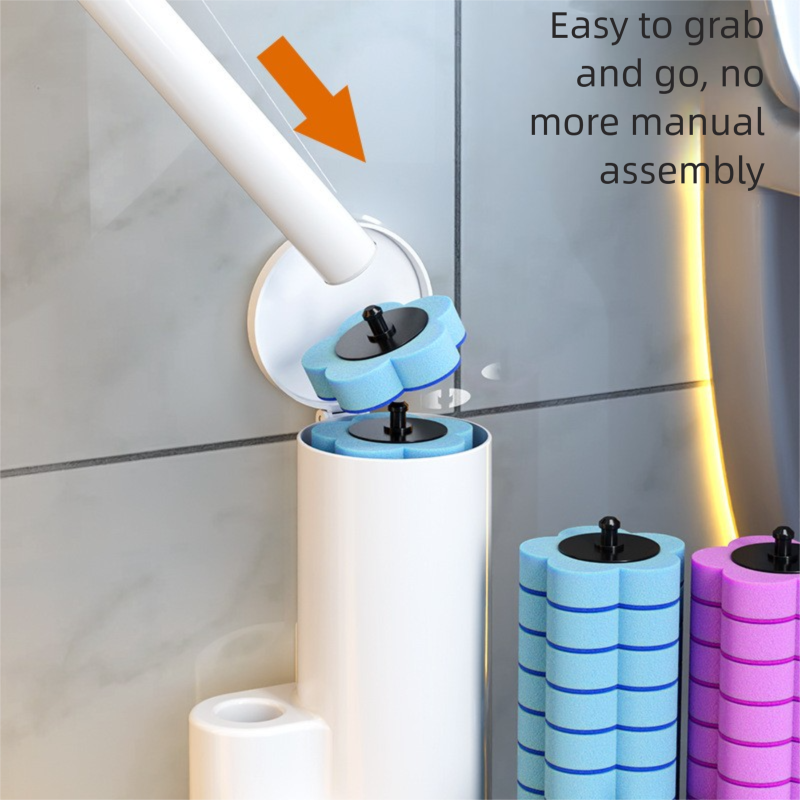 Grey Disposable Toilet Brush Set with Built-in Cleaner – Wall-Mountable, No-Drill Bathroom Cleaning Kit with Replaceable Heads(10 ocean-cleaning cotton pads)