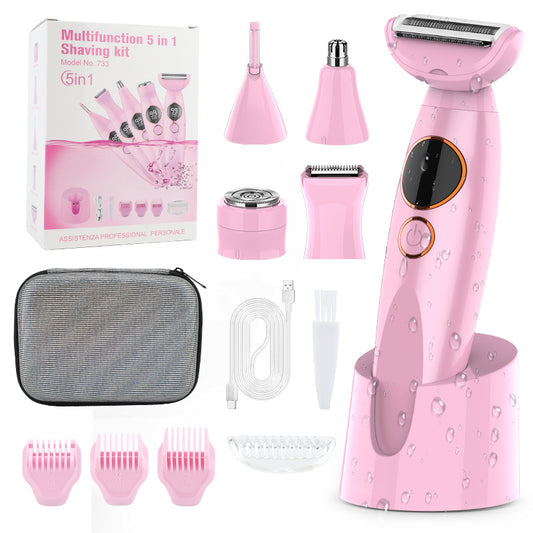 Pink 5-in-1 Women's Hair Removal Epilator – Multi-Function Body Grooming Kit with Waterproof Design, LED Display & USB Charging