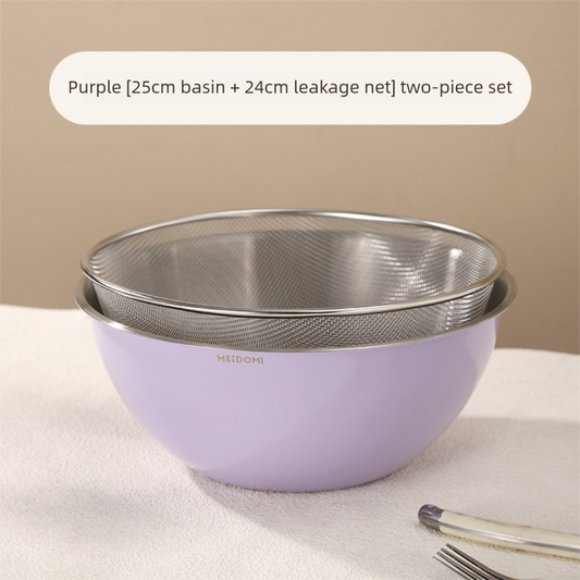 Purple Stainless Steel Mixing Bowl Set with Colander – Double-Layer Kitchen Basin for Salad, Washing, Mixing & Baking