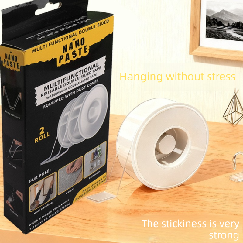 Multifunctional Reusable Nano Double-Sided Tape 2 Rolls with Dust Covers Heavy Duty Mounting Solution for Local Home and Office Organization