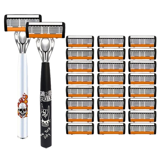 2-Pack 6-Layer Manual Razor with 24 Replacement Blades – Ultra-Close Shave for Men, Stainless Steel Handle with One-Click Blade Change