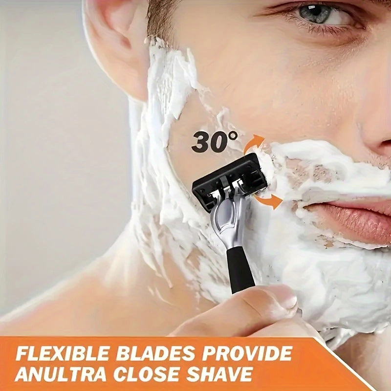 2-Pack 6-Layer Manual Razor with 30 Replacement Blades – Ultra-Close Shave for Men, Stainless Steel Handle with One-Click Blade Change