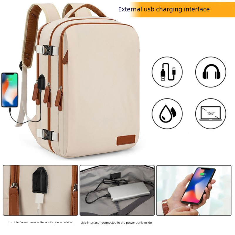 Pink Large Capacity Backpack with USB Charging Port and Waterproof Fabric for Travel Work and Daily Use