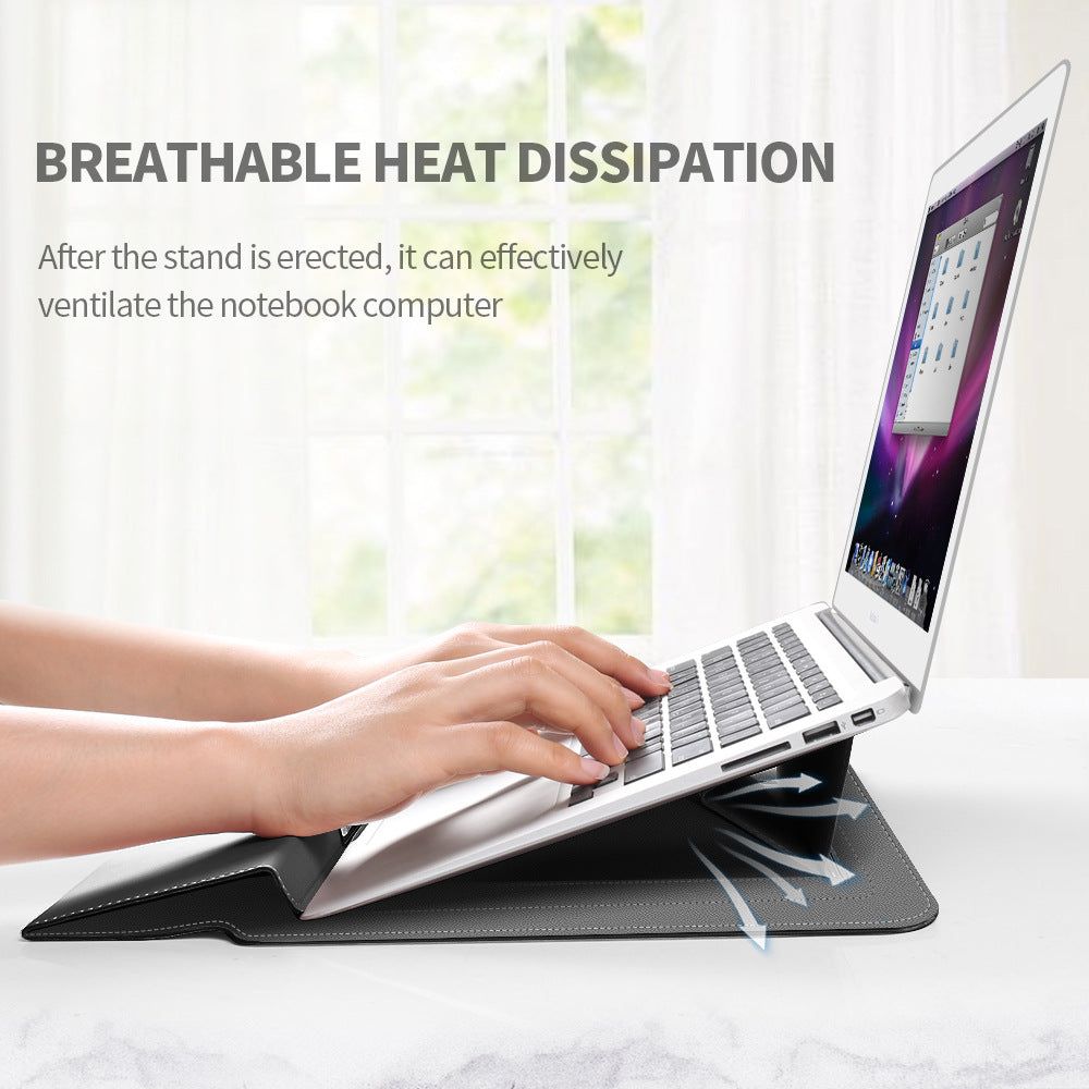 Black 3-in-1 Laptop Sleeve with Built-In Stand & Wrist Rest – Waterproof PU Protective Case for 13/14 Inch Laptops, Portable and Ergonomic Design
