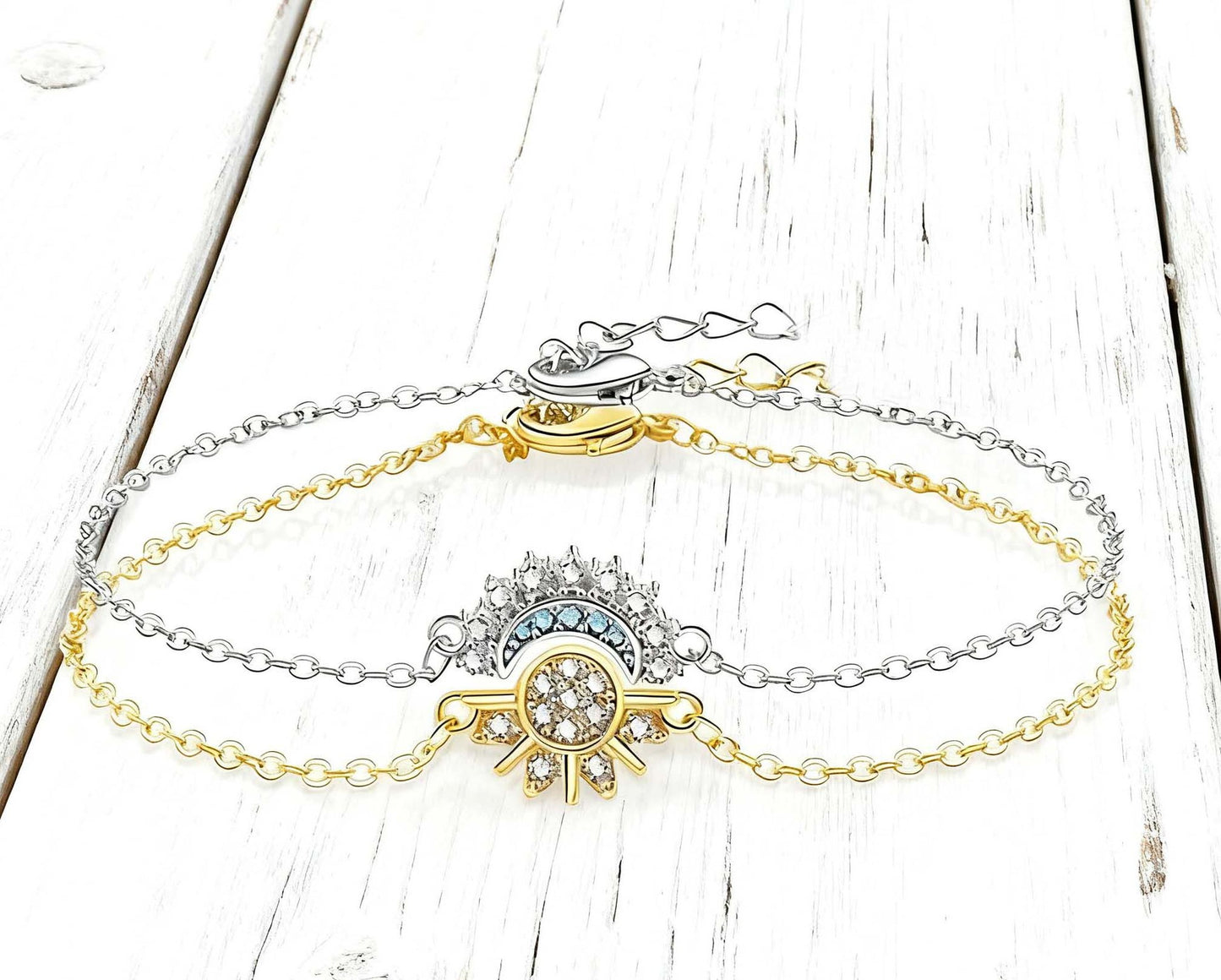 Sun and Moon Friendship Jewelry Set – 6-Piece Matching Ring, Necklace & Bracelet Duo for Best Friends in Gold and Silver Tone with Cubic Zirconia