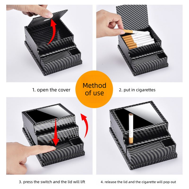 Black Automatic Cigarette Box with 40-Slot Capacity – Pop-Out Dispenser for Car and Home Use, ABS Material with Lighter Holder and Carbon Fiber Look Design