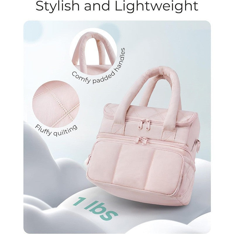 Pink Double-Layer Insulated Lunch Bag – Quilted Design with Top and Bottom Compartments, Shoulder Strap, and Smooth Two-Way Zippers
