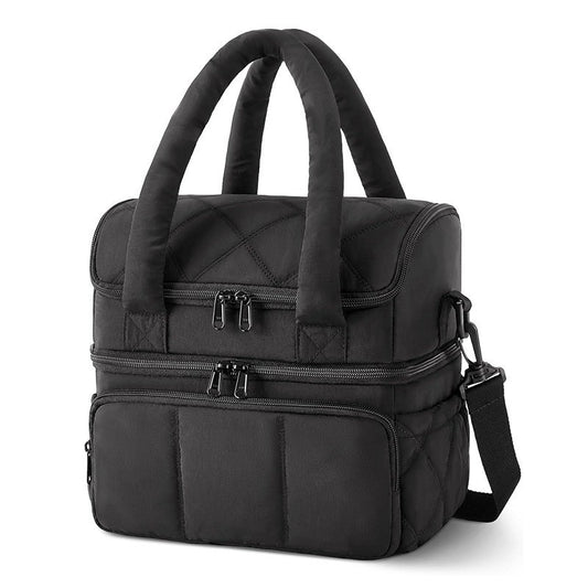 Black Double-Layer Insulated Lunch Bag – Quilted Design with Top and Bottom Compartments, Shoulder Strap, and Smooth Two-Way Zippers