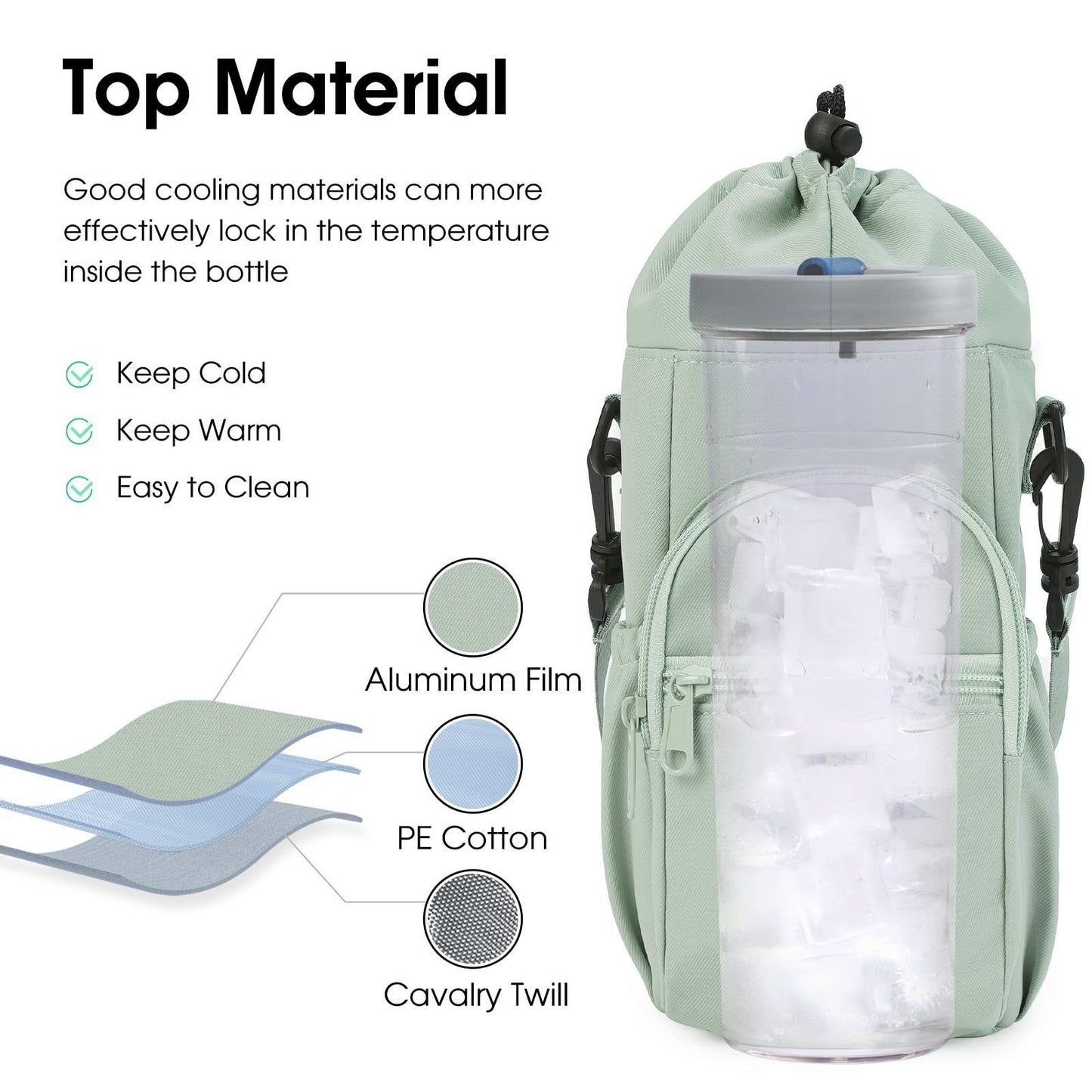 Green Water Bottle Carrier with Drawstring Closure – Adjustable Shoulder Strap, Front Pocket, and Side Storage for Daily Use