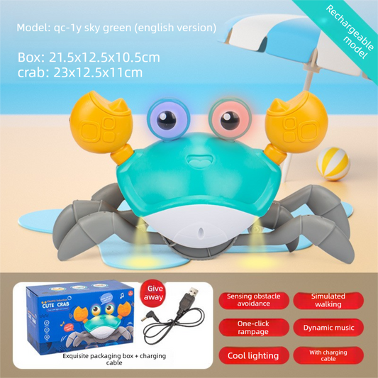 Electric Induction Crawling Crab Baby Toy Interactive Obstacle Avoidance Moving Pet with Music & Light USB Rechargeable Tummy Time Gift Sky Green