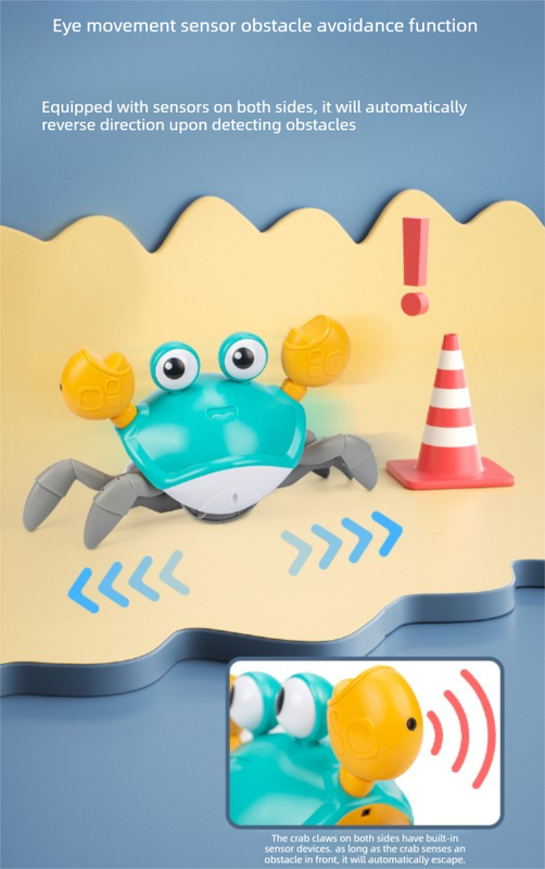 Upgraded Induction Crawling Crab Baby Toy with Silent Mode & Speed Control USB-C Rechargeable Obstacle Avoidance Tummy Time Pet Sky Green