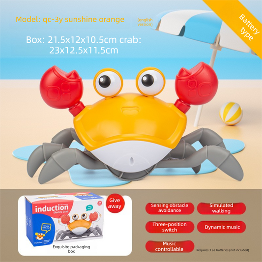 Electric Induction Crawling Crab Baby Toy Battery Operated with Silent Mode Music Off Switch Obstacle Avoidance Tummy Time Gift Sun Orange