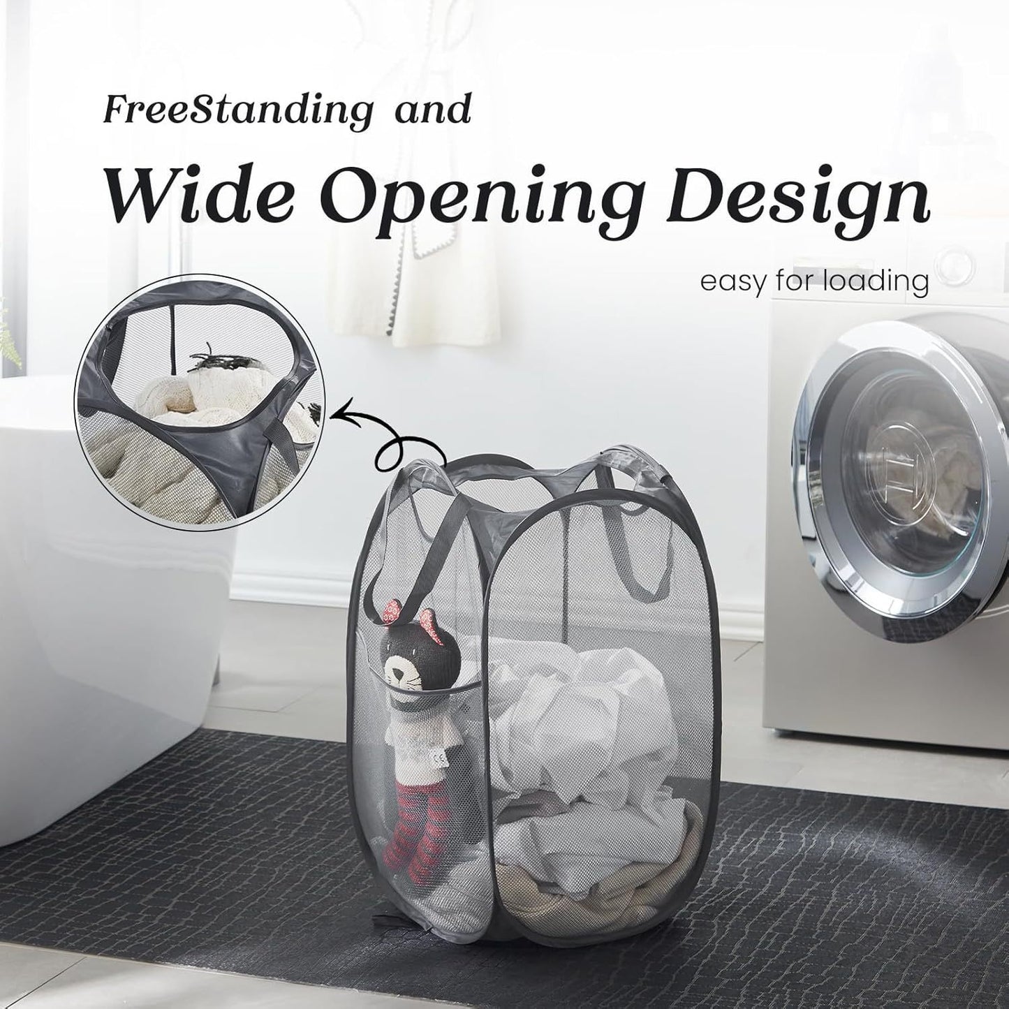 2 PCS Mesh Pop Up Laundry Hamper Collapsible Washing Basket with Side Pocket & Reinforced Handles Portable Dirty Clothes Bin for Dorm Travel & Toy Storage (Black & Grey)