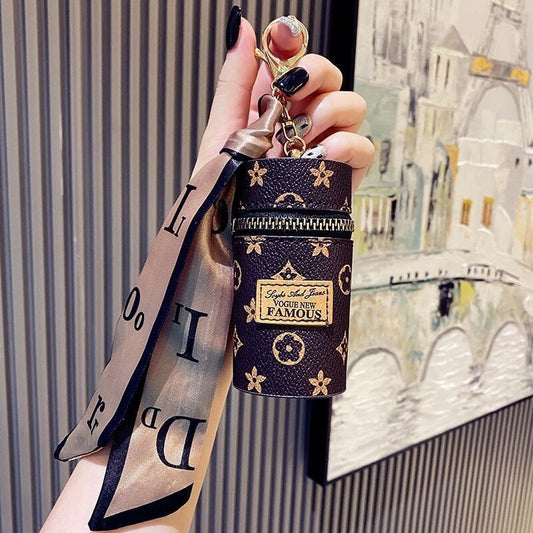 Pink Mini Cylinder Lipstick Case Keychain with Silk Scarf Charm PU Leather Coin Purse Bag Pendant for Earphones Keys Vintage Floral Pattern