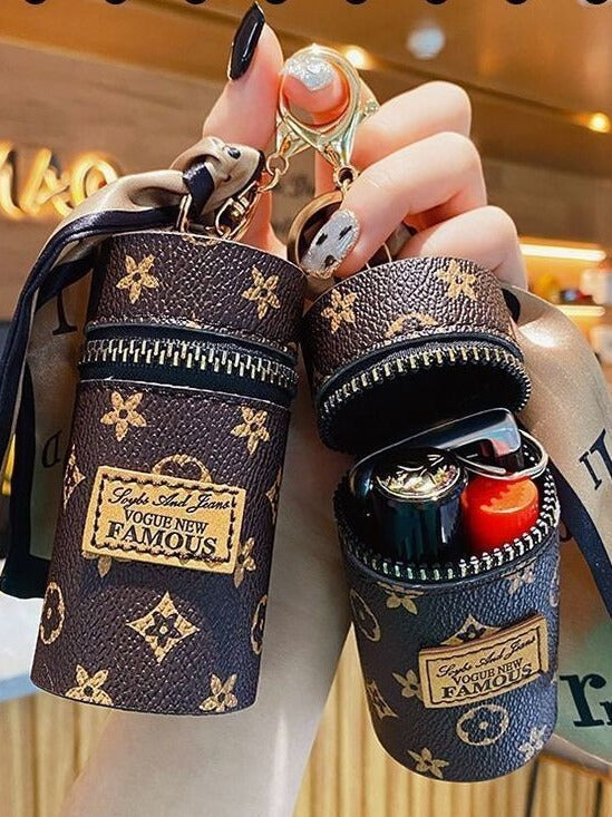 Women's Mini Cylinder Lipstick Case Keychain White Geometric Triangle Pattern Coin Purse with Silk Scarf Bag Charm for Earphones Keys